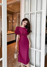 Satin Puff Sleeve Ruched Column Dress